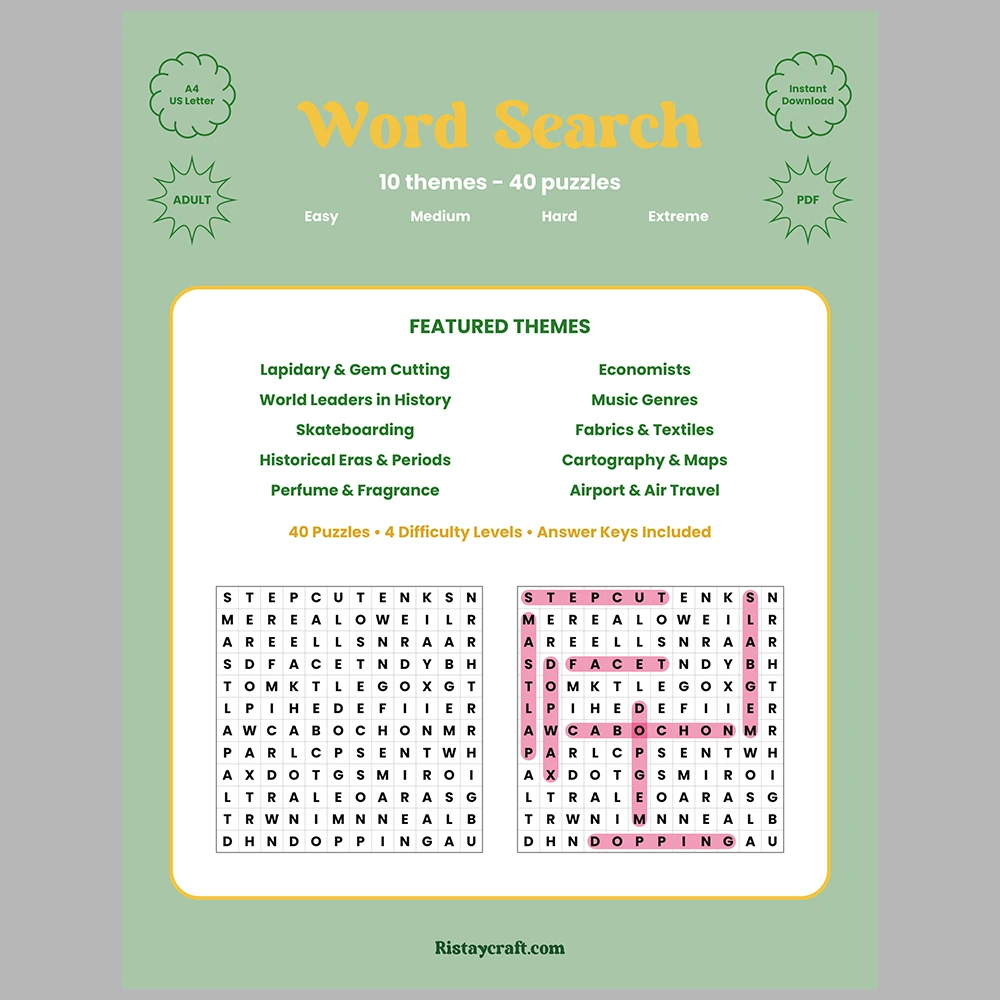 Word Search – World Leaders in History – Music Genres -Themes