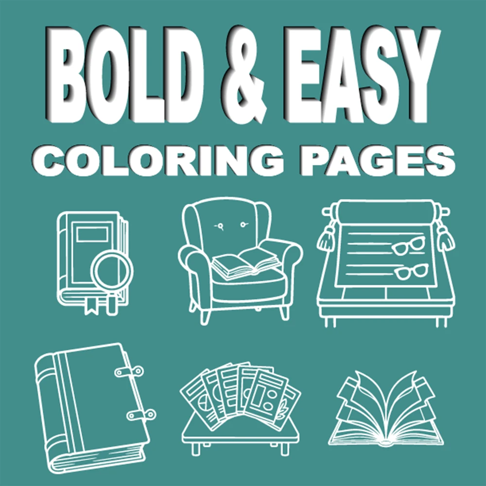 A book- and reading-themed coloring book featuring bold lines, simple designs, and a cozy atmosphere.