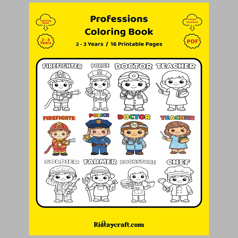 Professions Coloring Book with Cute Kawaii Characters / With Reference Images
