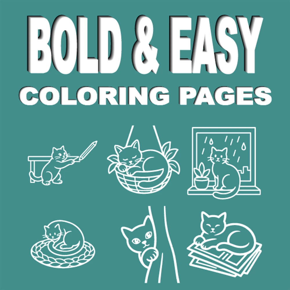 A cute cat-themed coloring book featuring bold lines and simple designs.