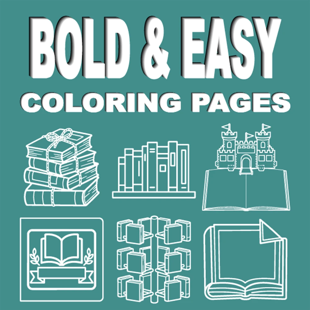 A book- and reading-themed coloring book featuring bold outlines and simple designs.