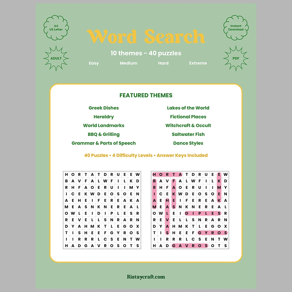 Word Puzzle – Greek Dishes – Lakes of the World – Themes