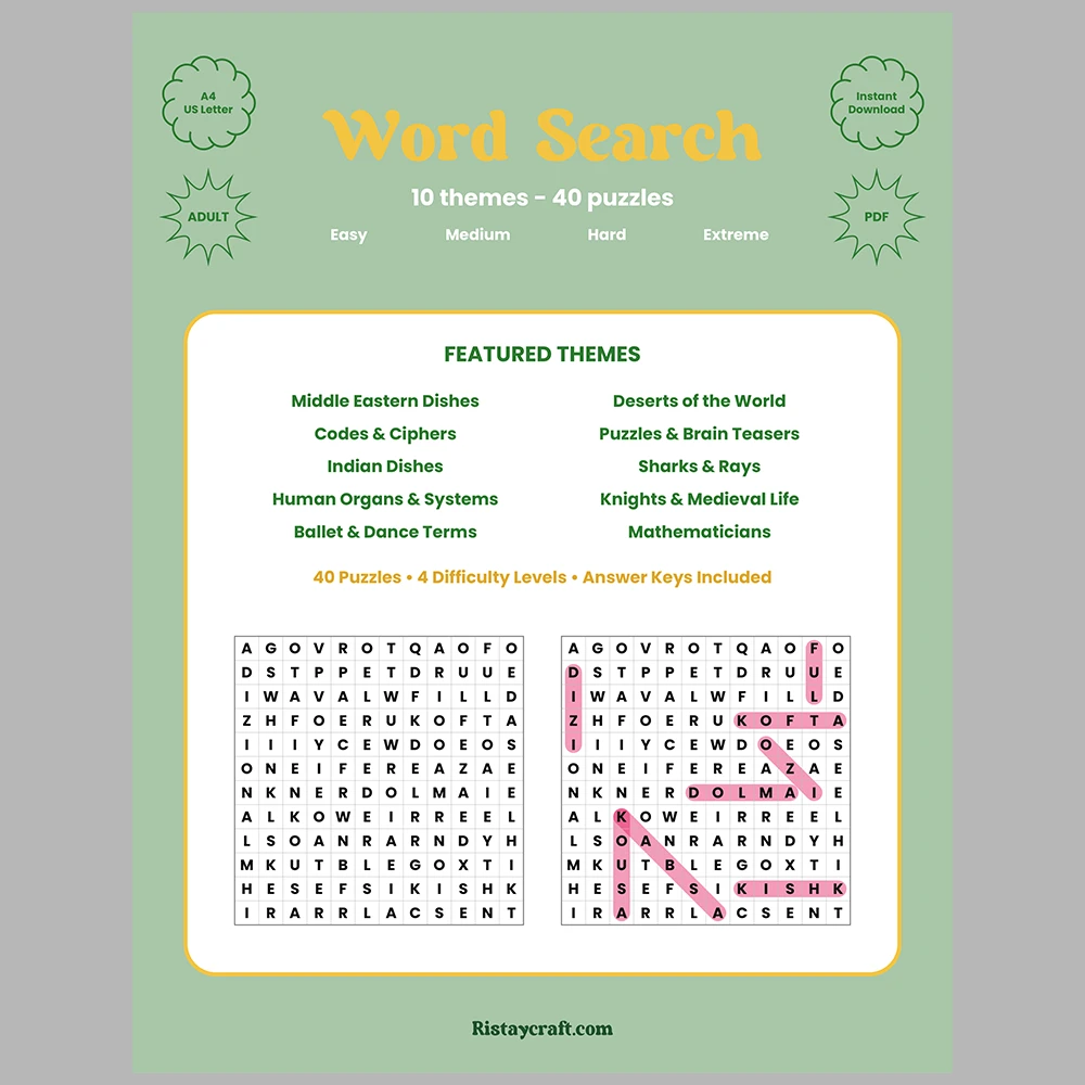 Word Puzzle – Middle Eastern Dishes – Deserts of the World – Themes