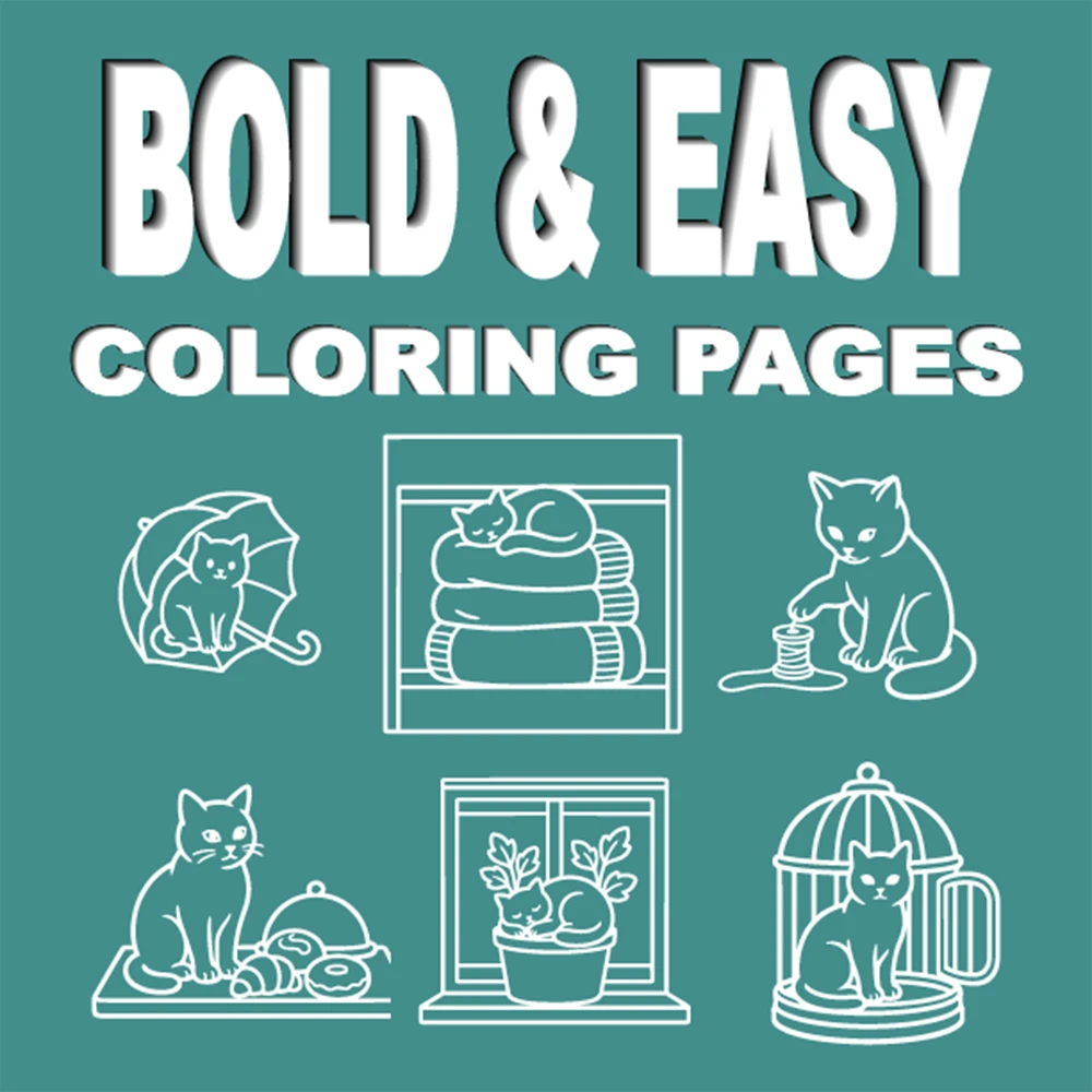 A cat-themed coloring book featuring bold lines and simple designs.