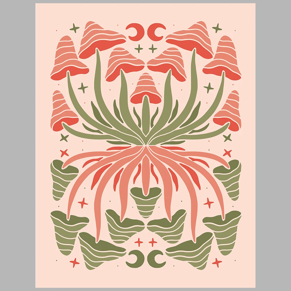 posters with an orange and green floral theme