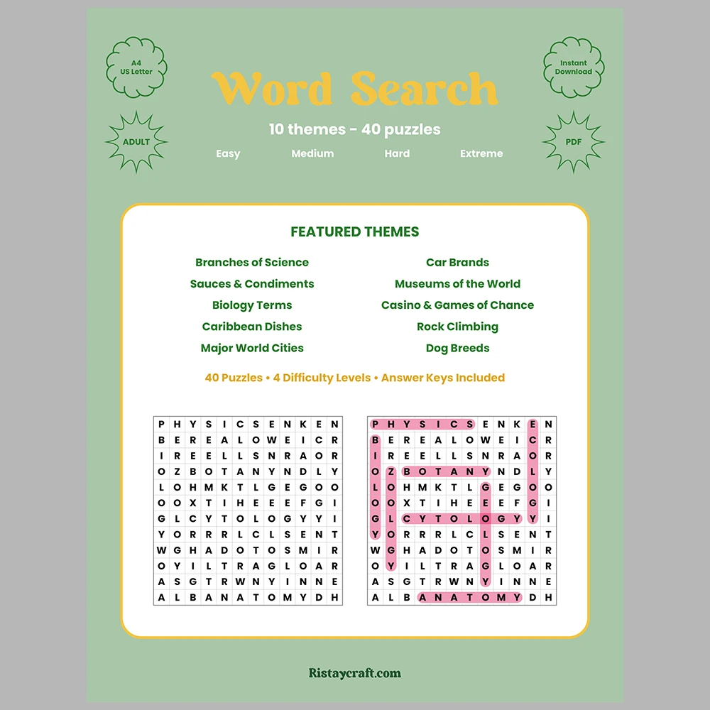 Word Puzzle – Branches of Science – Car Brands – Themes
