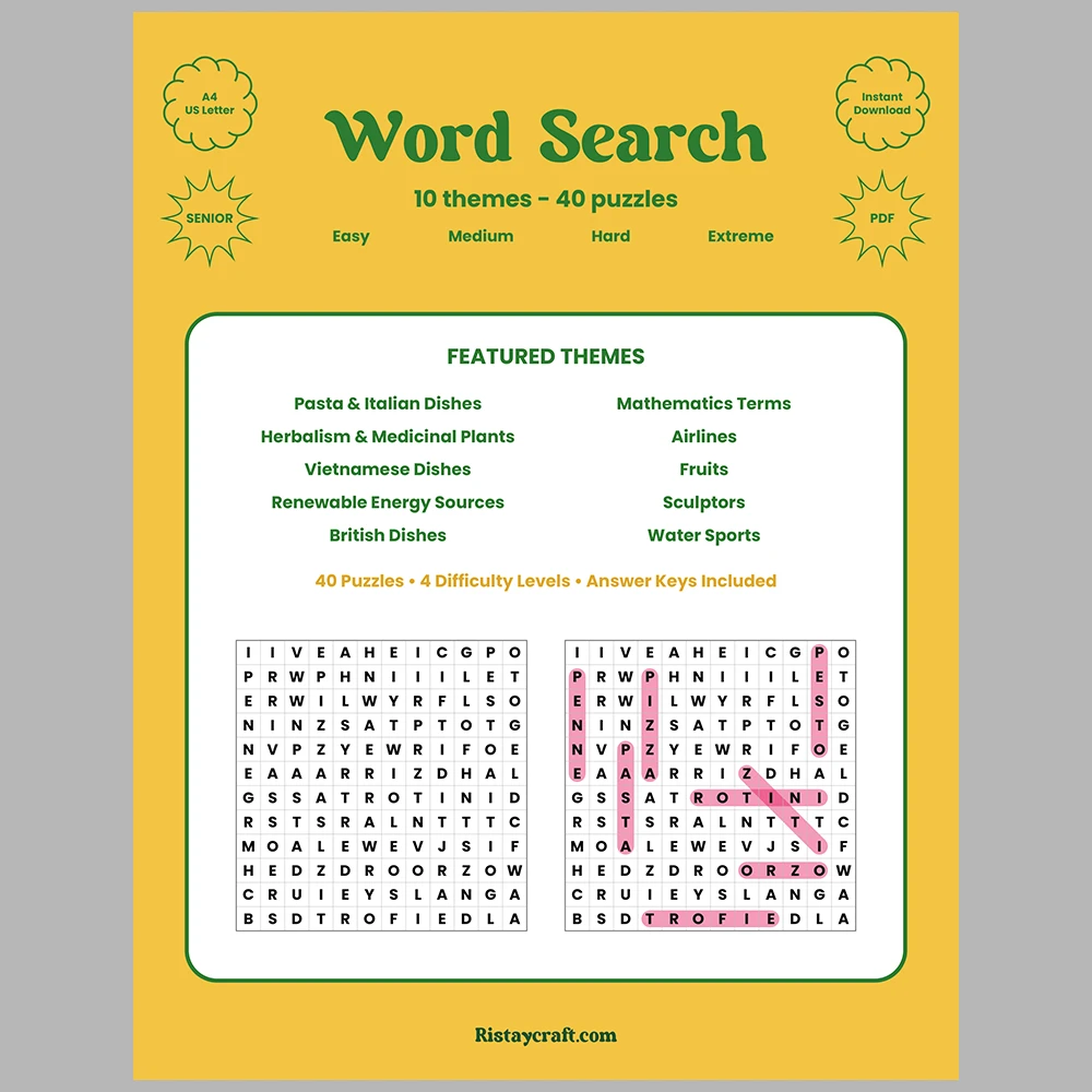 Word Puzzle – Pasta & Italian Dishes – Mathematics Terms – Themes