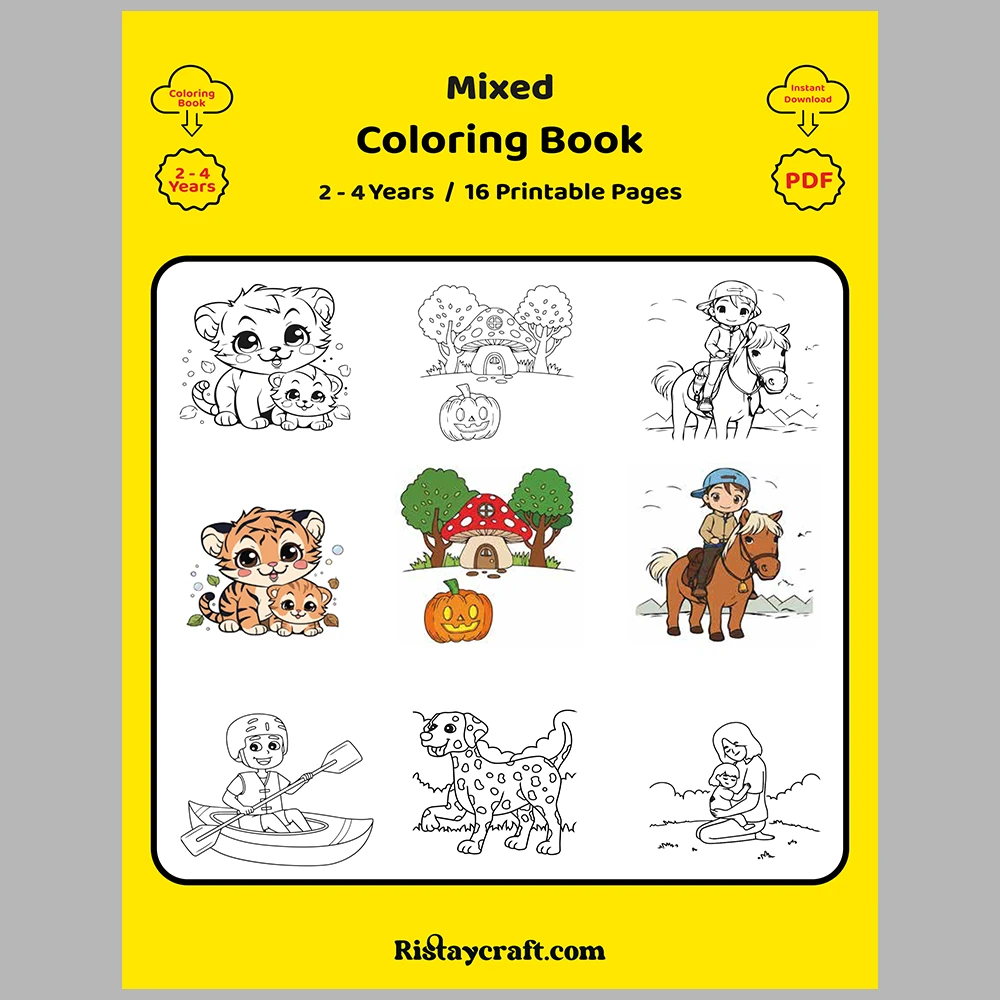 Mixed coloring pages for children aged 2/4 – With reference images (Vol. 1)