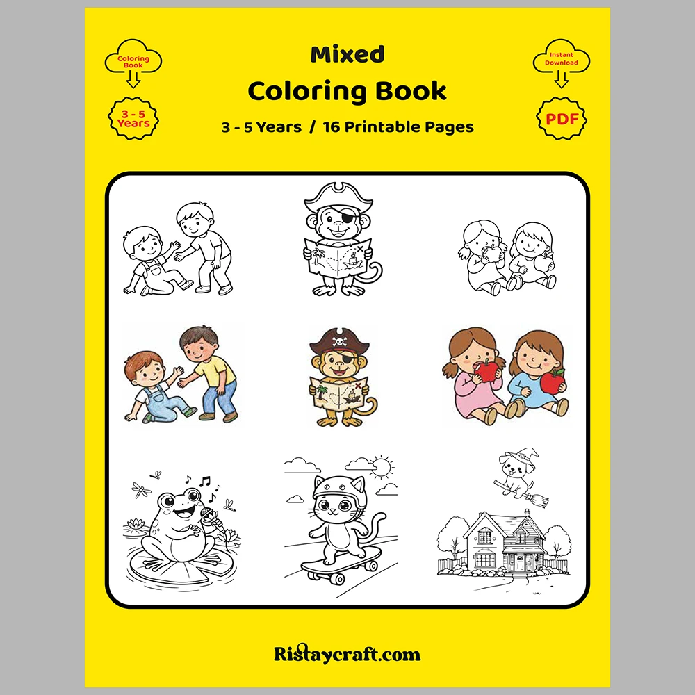 Mixed coloring pages for children aged 3/5 – With reference images (Vol. 1)