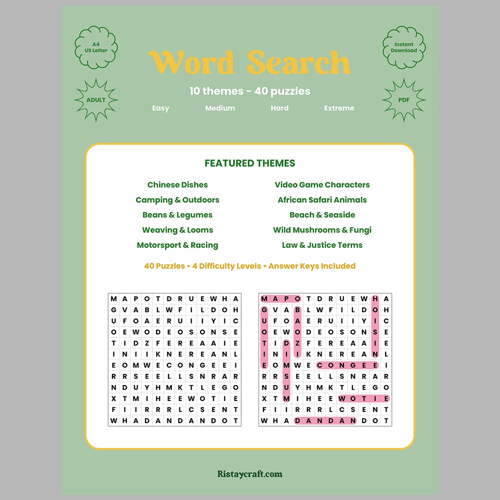 Word Search – Camping & Outdoors – Law & Justice Terms – Themes