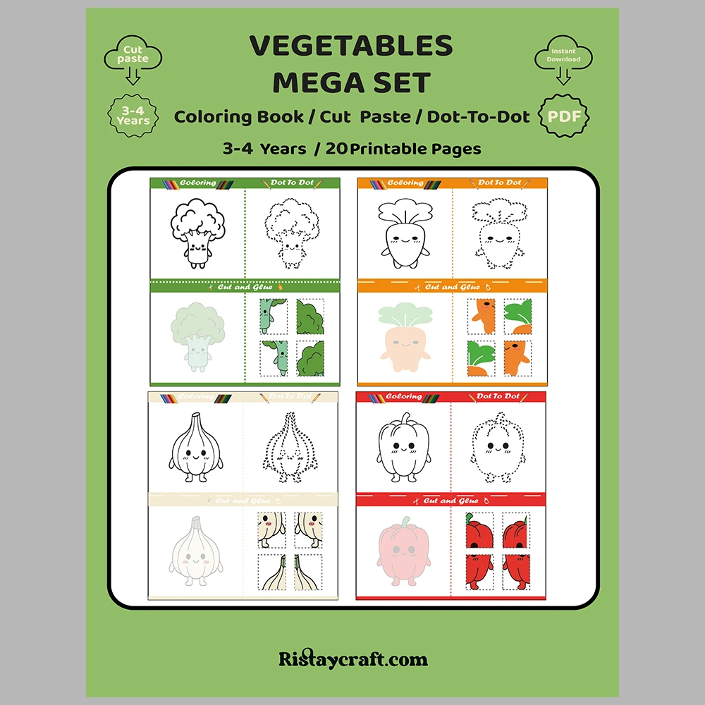 Vegetables Mega Set Coloring Pages Cut Paste Dot-to-dot