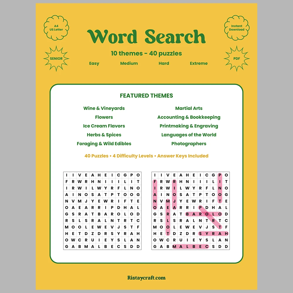 Word Search – Wine & Vineyards – Martial Arts – Themes