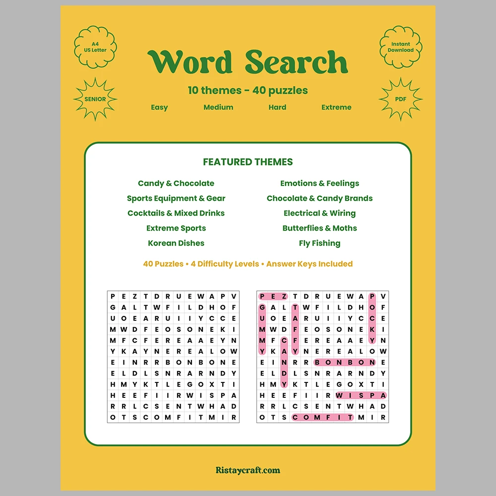 Word Search – Sports Equipment and Gear – Chocolate and Confectionery Brands – Themes