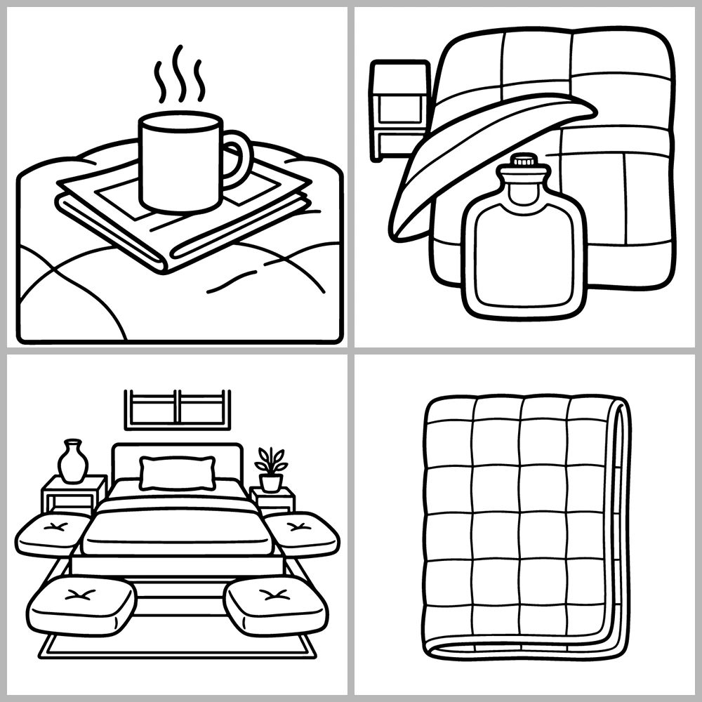 Bedroom and Sleep-Themed Coloring Book with Bold Lines and Simple Designs.