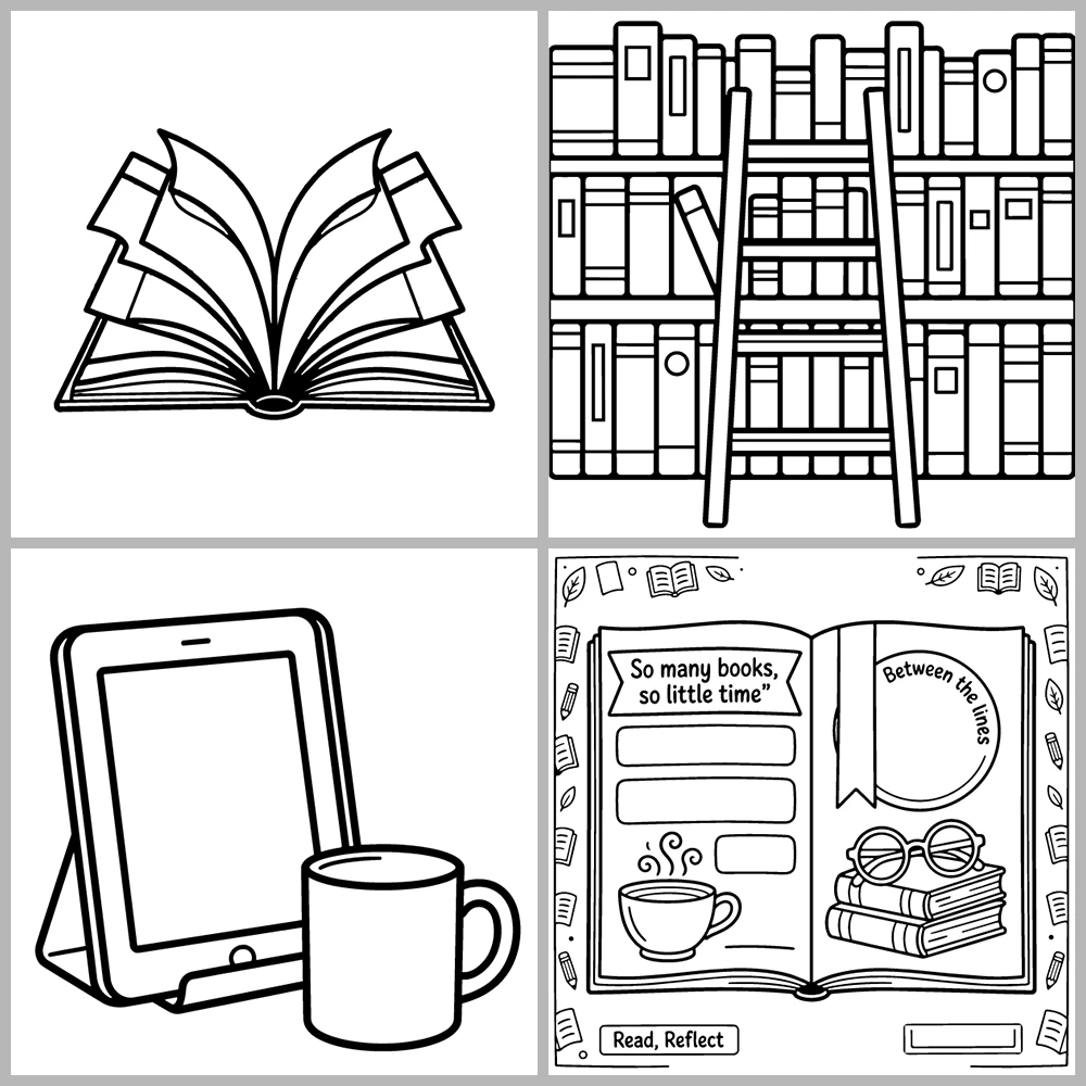 A book- and reading-themed coloring book featuring bold lines, simple designs, and a cozy atmosphere.