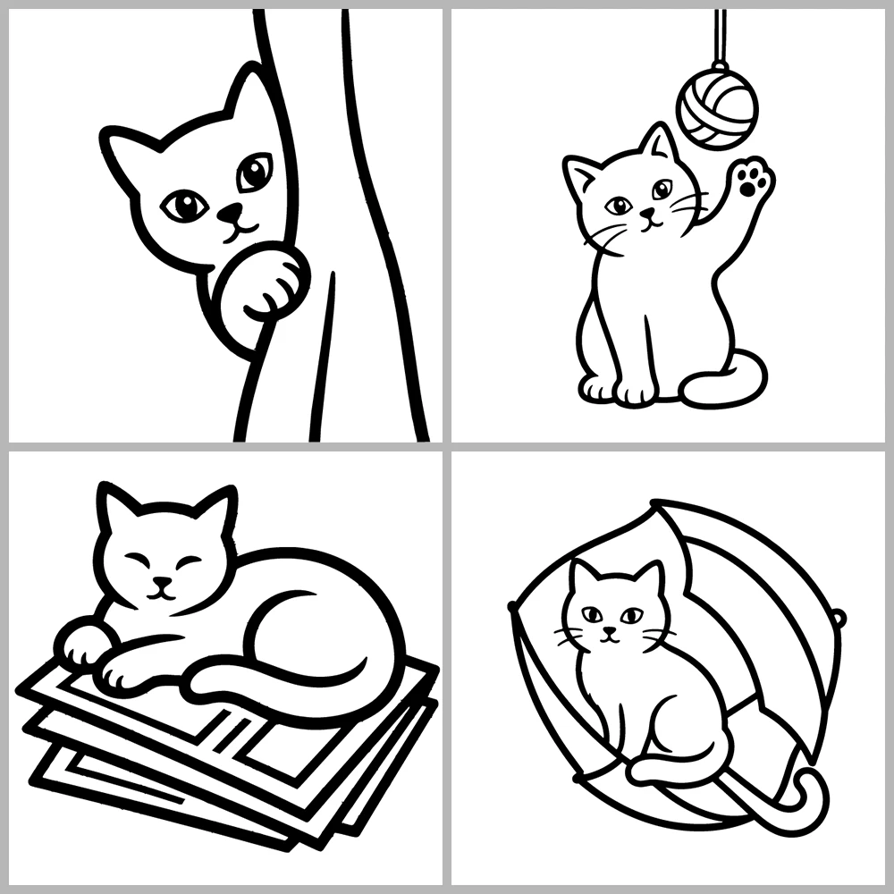 A cute cat-themed coloring book featuring bold lines and simple designs.