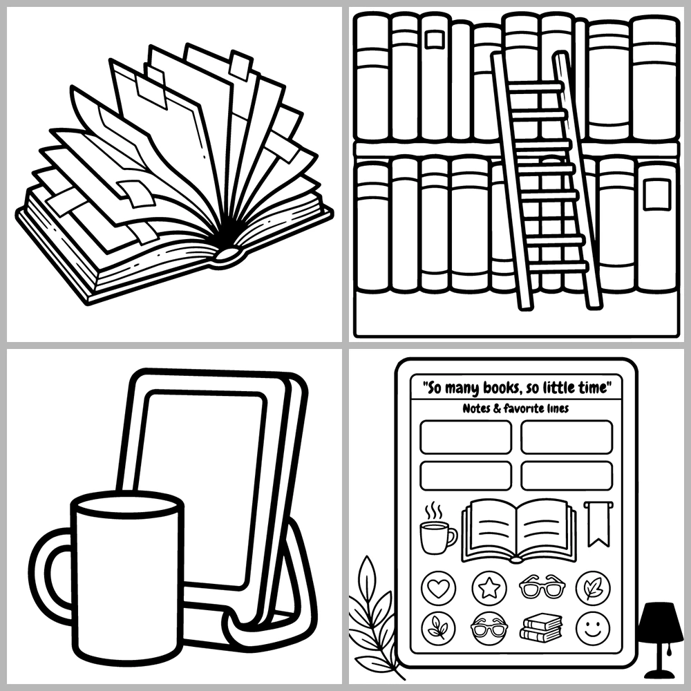 A book- and reading-themed coloring book featuring bold outlines and simple designs.