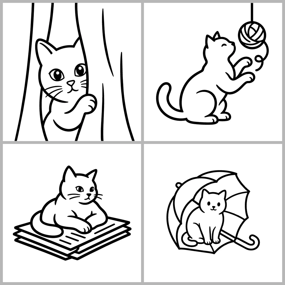 A cat-themed coloring book featuring bold lines and simple designs.