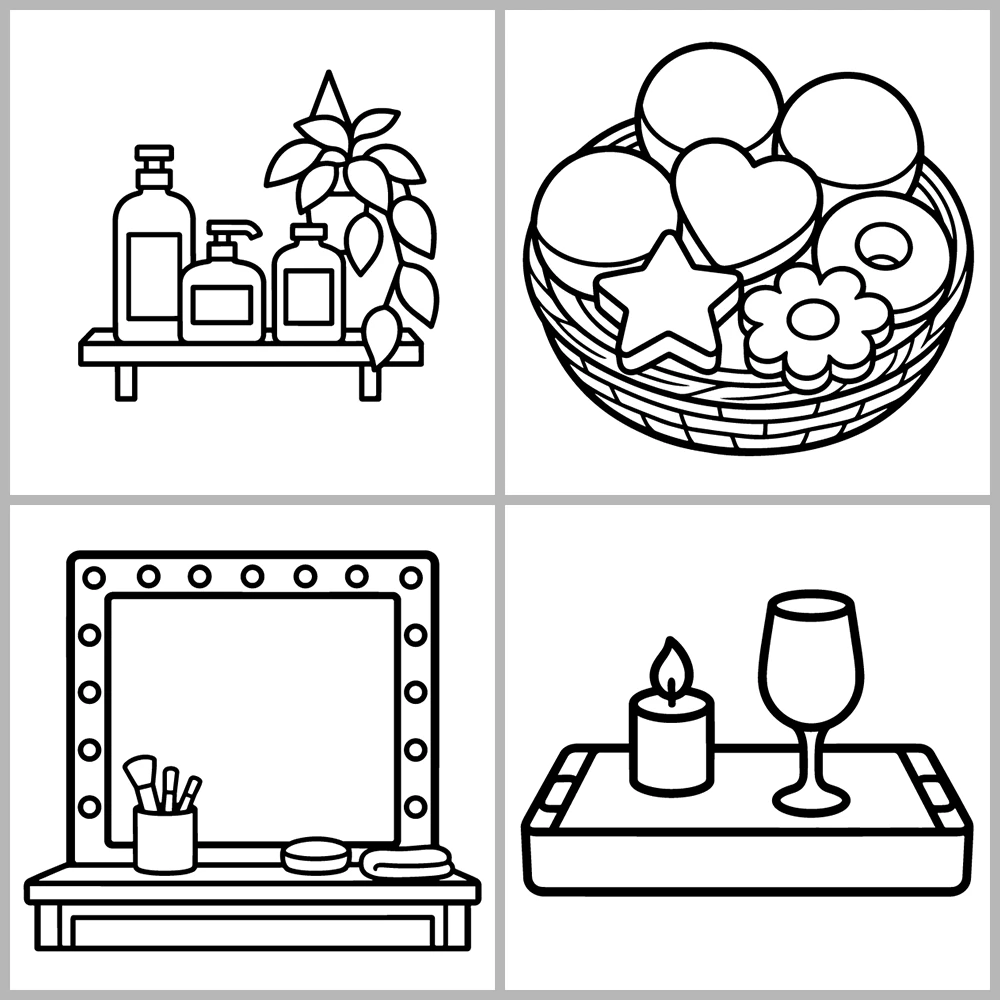 Bathroom and Spa Coloring Book with Bold Lines and Simple Designs.