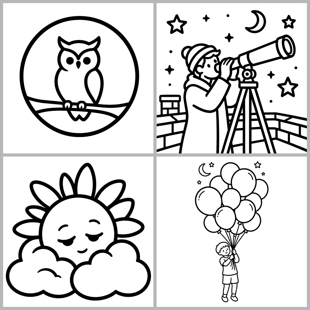 A “warm, celestial, and dreamlike” coloring book featuring bold lines and simple designs.