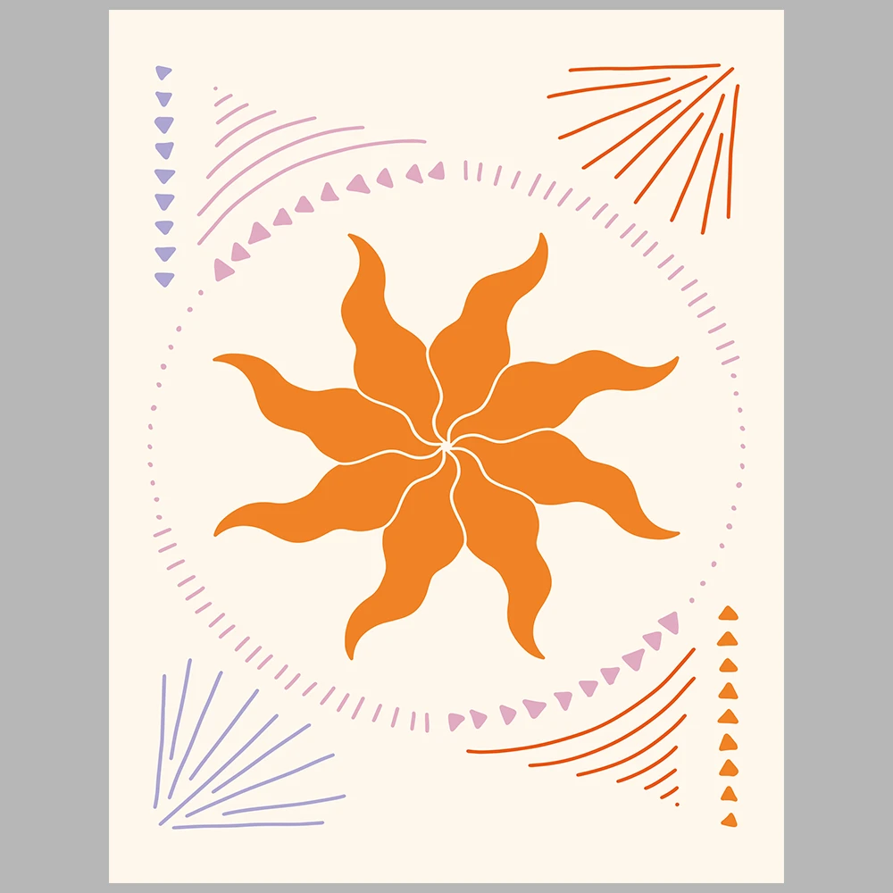 orange and purple/lilac-themed posters