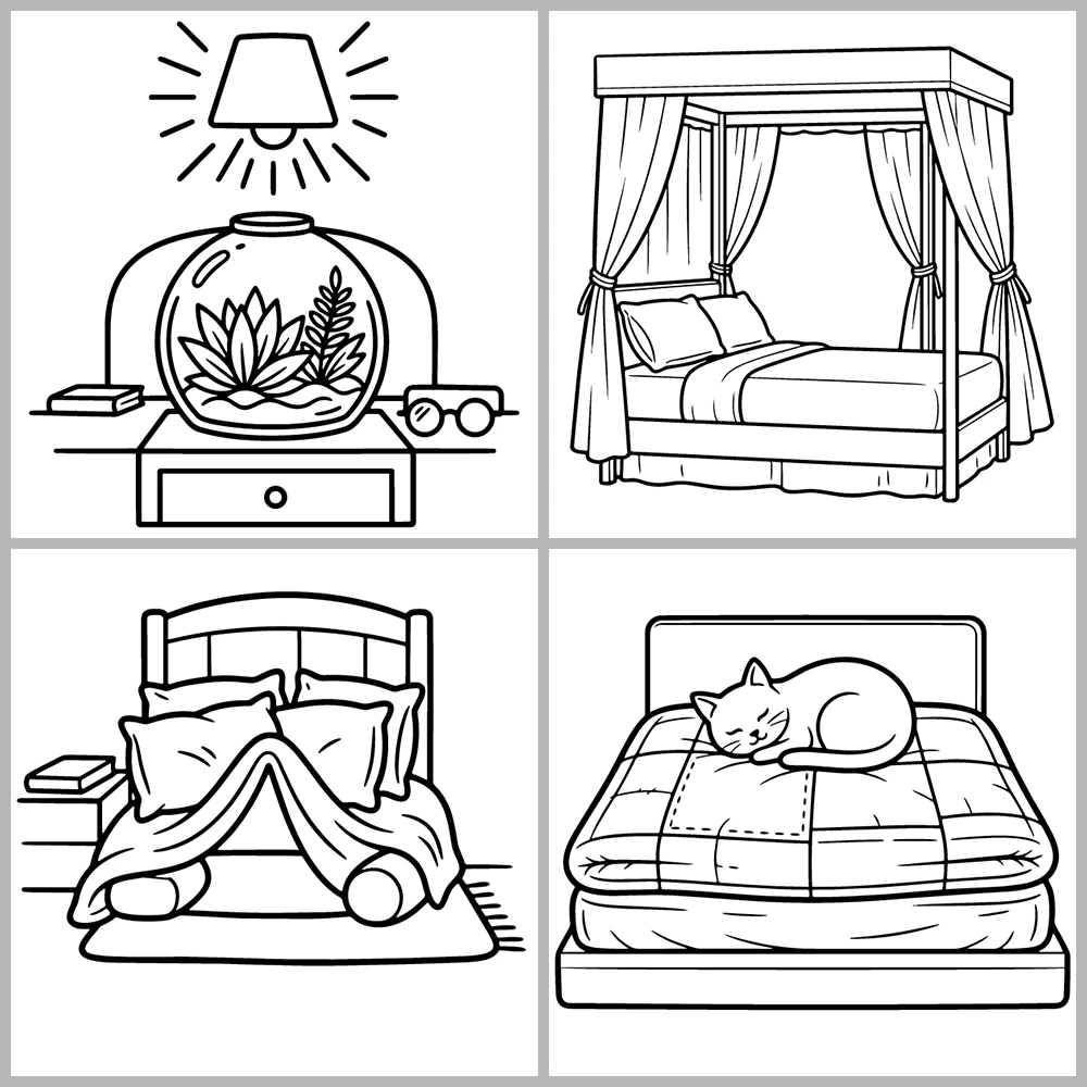 Bedroom and Sleep-Themed Coloring Book with Bold Lines and Simple Designs.