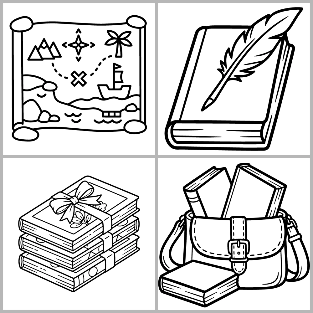 A book- and reading-themed coloring book featuring bold lines, simple designs, and a cozy atmosphere.
