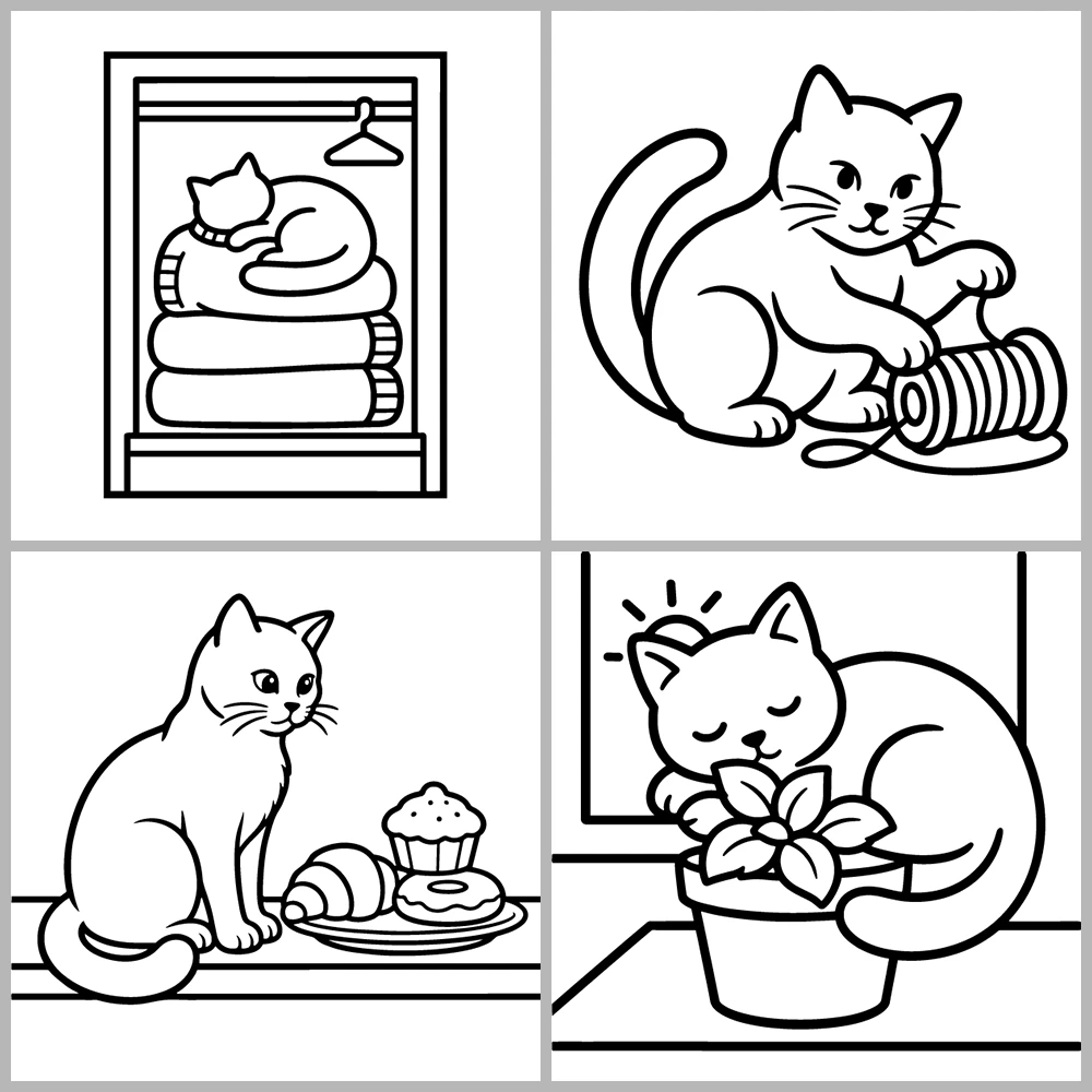 A cute cat-themed coloring book featuring bold lines and simple designs.