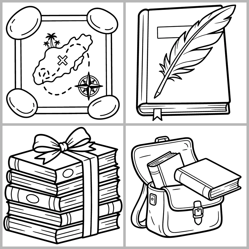A book- and reading-themed coloring book featuring bold outlines and simple designs.