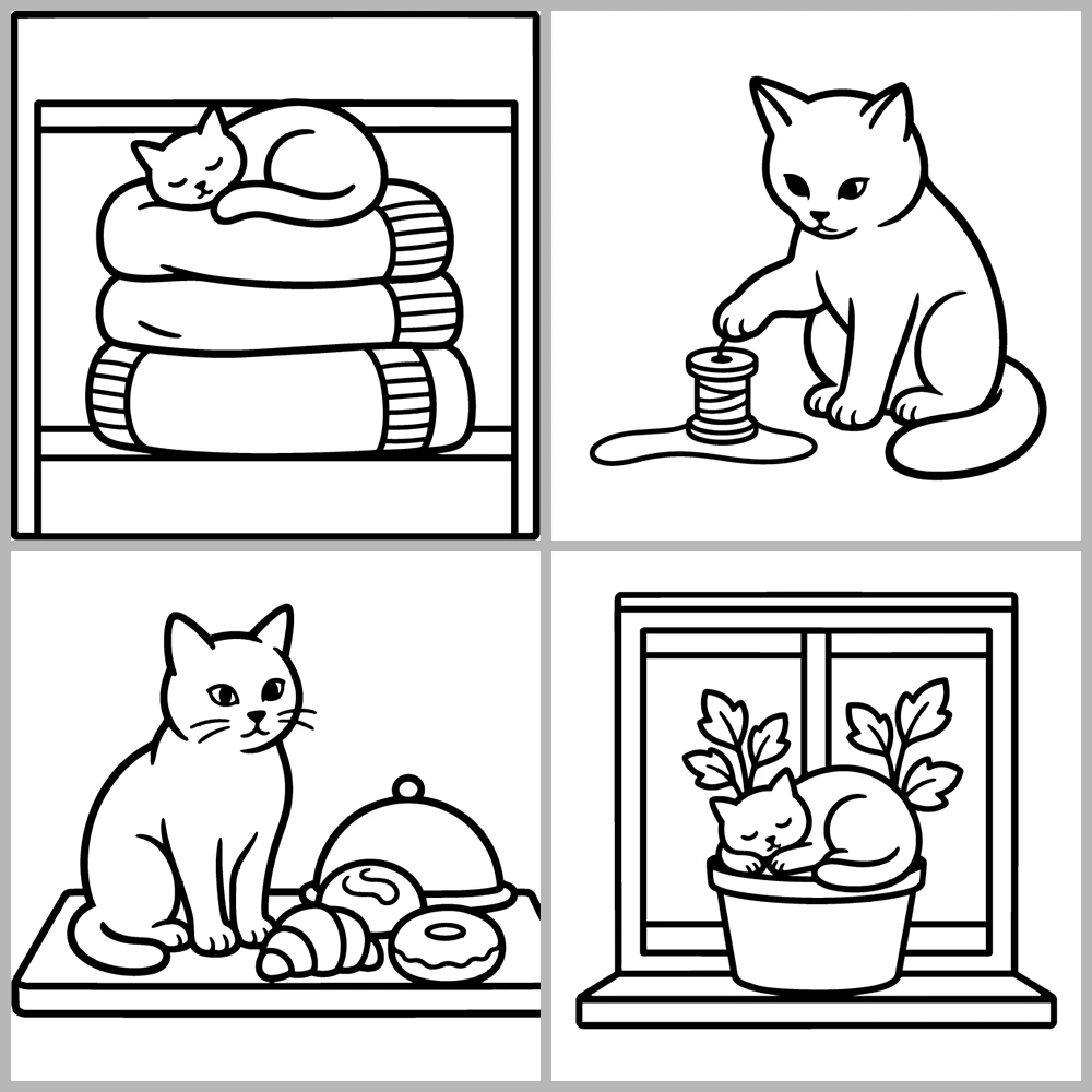 A cat-themed coloring book featuring bold lines and simple designs.