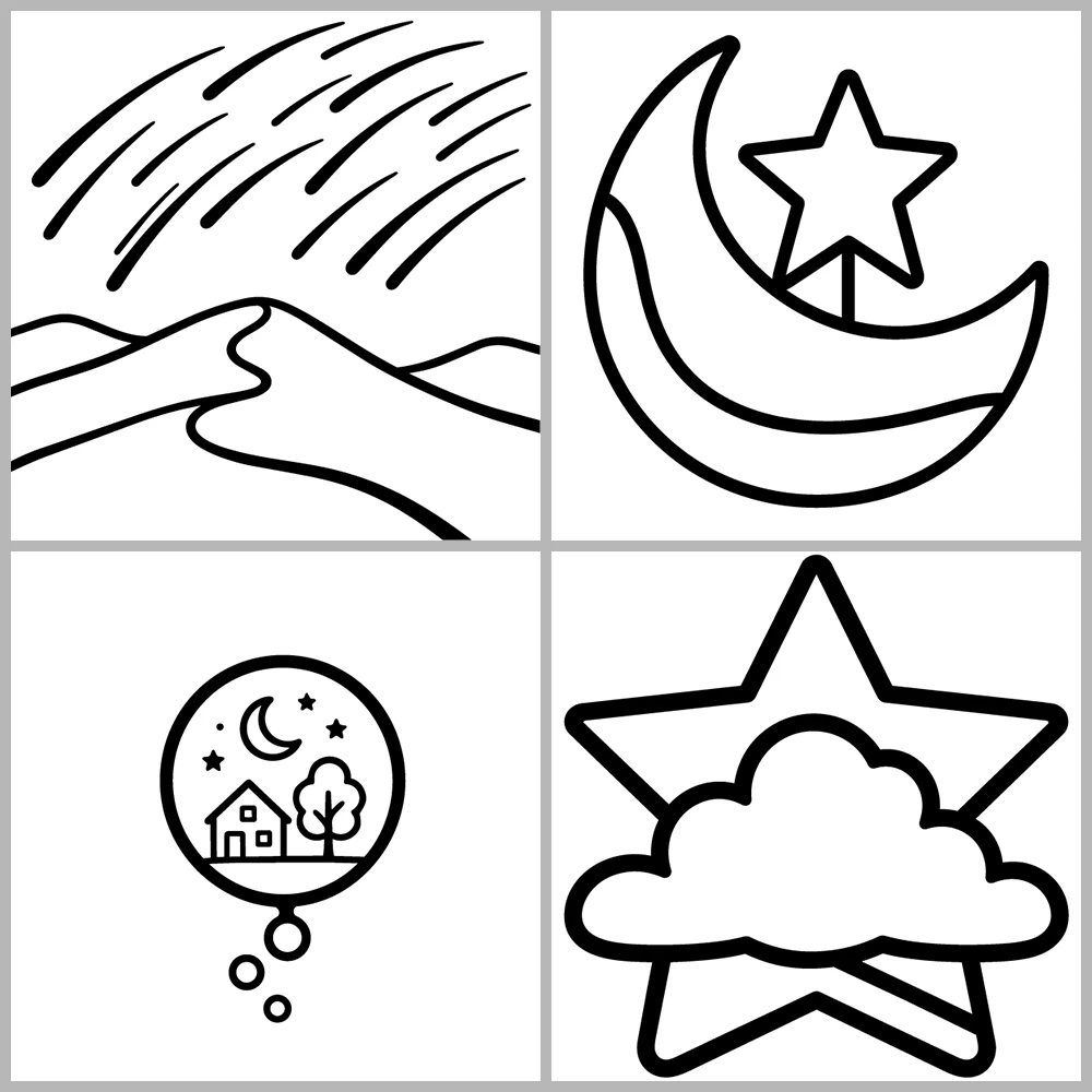 A “warm, celestial, and dreamlike” coloring book featuring bold lines and simple designs.