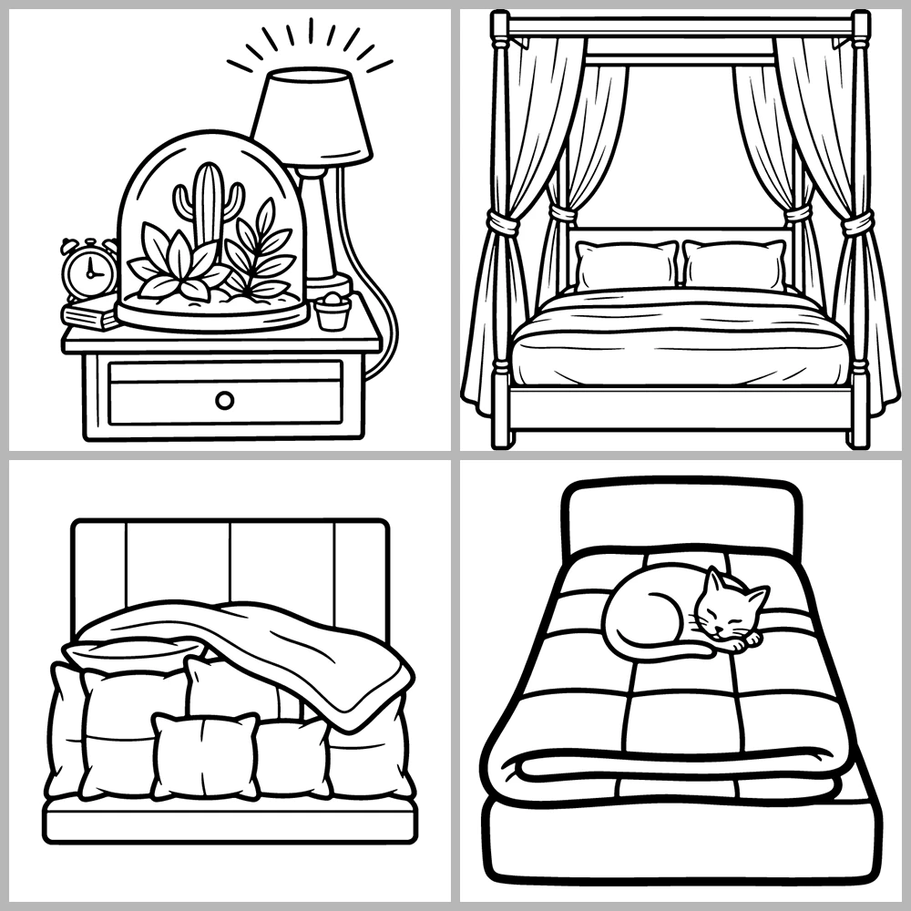 Bedroom and Sleep Themed Coloring Book with Bold Lines and Simple Designs.