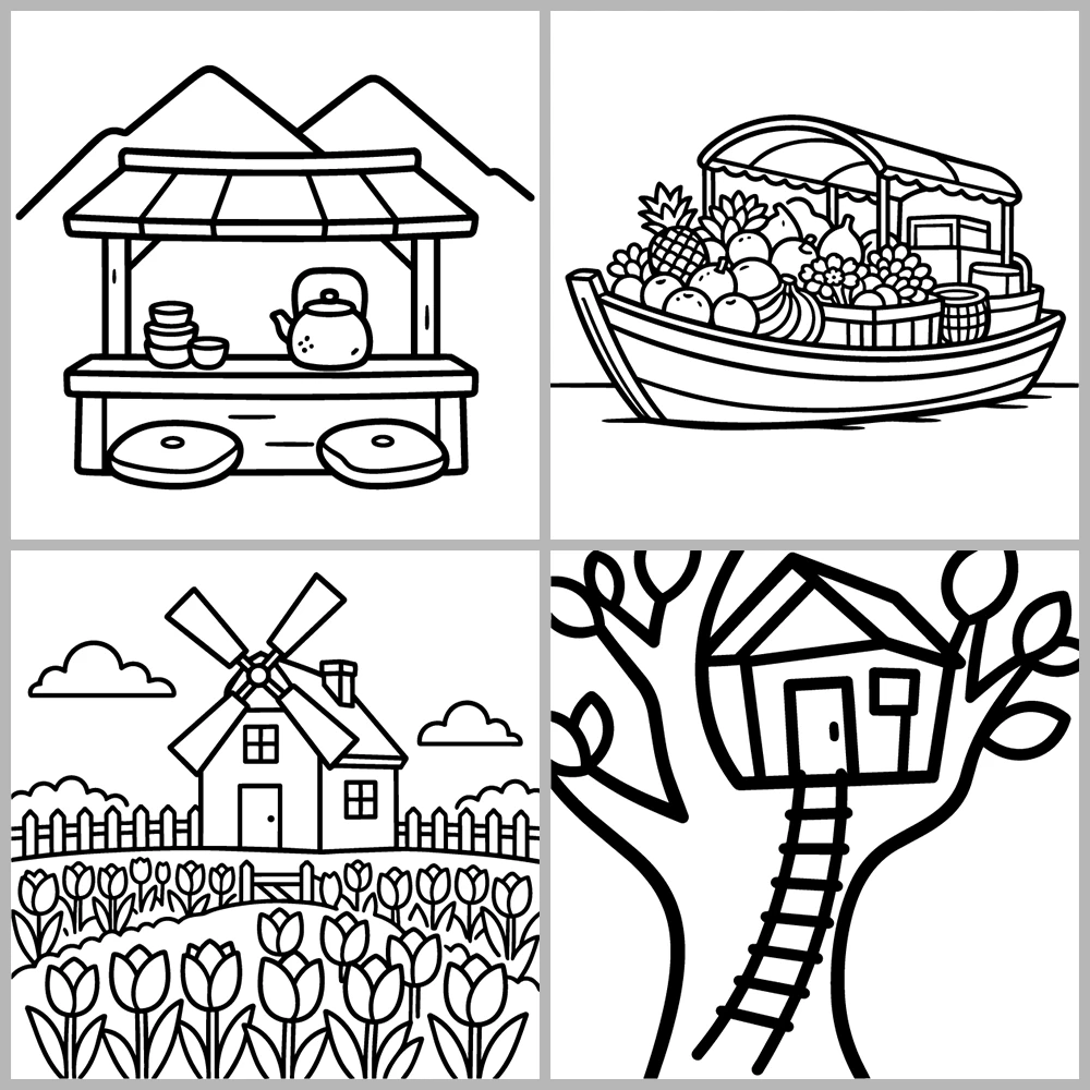 Cozy Travel and Places Coloring Book