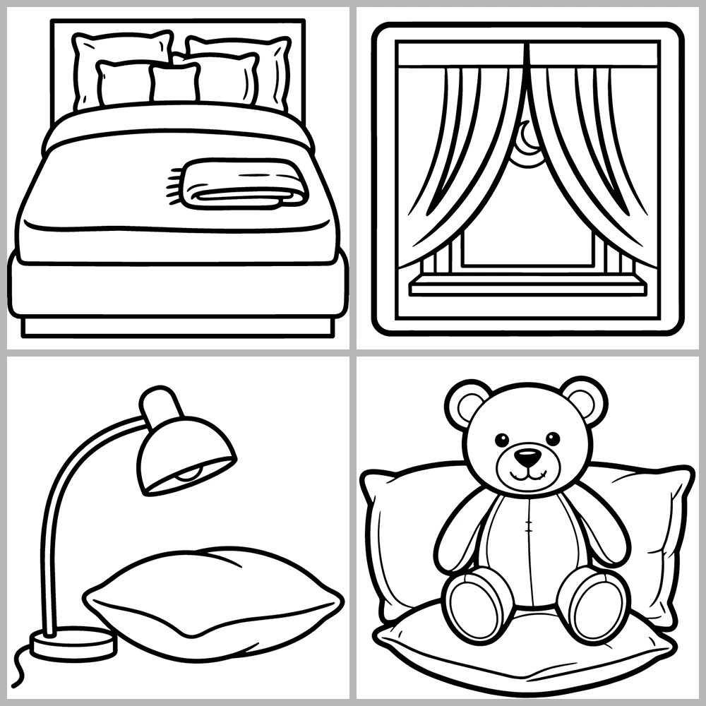 Bedroom and Sleep-Themed Coloring Book with Bold Lines and Simple Designs.