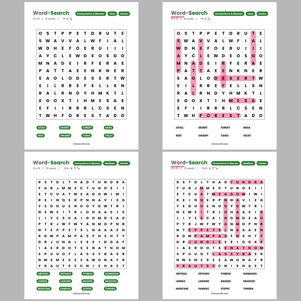Word Search – Ecosystems & Biomes – Cosmetic & Beauty Brands -Themes