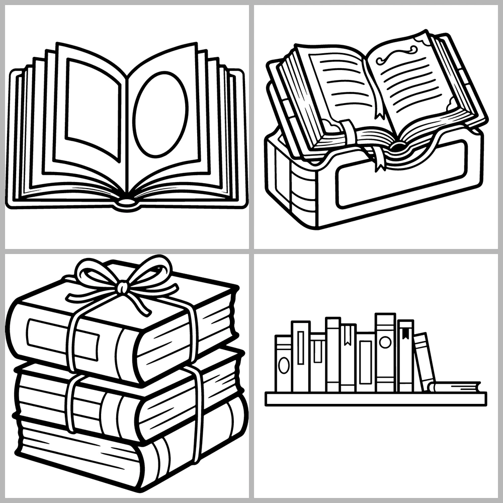 A book- and reading-themed coloring book featuring bold lines, simple designs, and a cozy atmosphere.