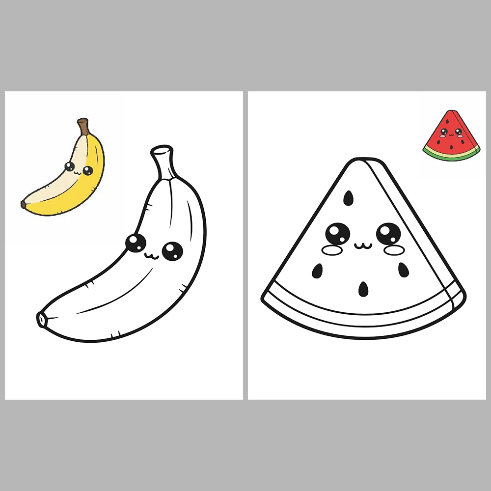 Cute Kawaii-Style Fruit Coloring Pages / With Reference Image