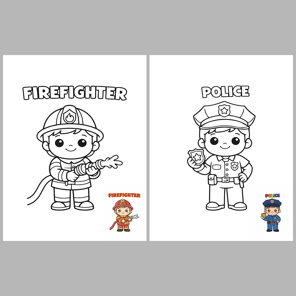Professions Coloring Book with Cute Kawaii Characters / With Reference Images