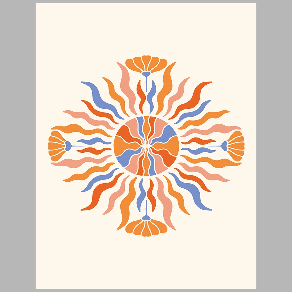 orange, blue, and beige themed posters