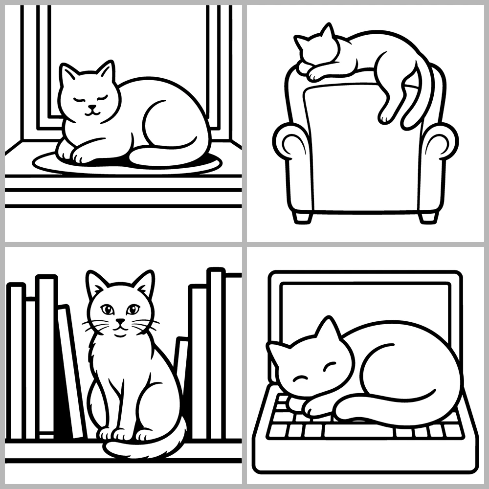 A cute cat-themed coloring book featuring bold lines and simple designs.