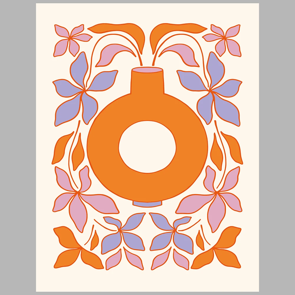 orange and purple/lilac-themed posters