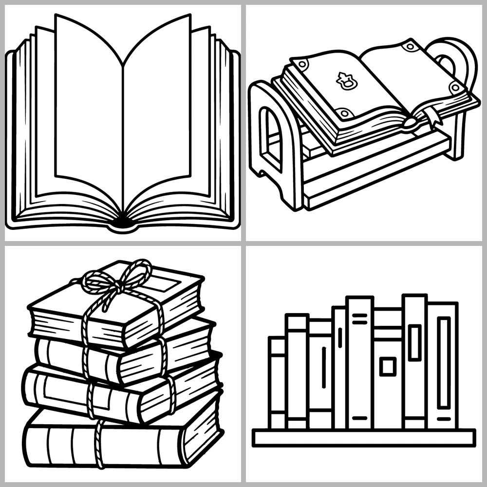 A book- and reading-themed coloring book featuring bold outlines and simple designs.