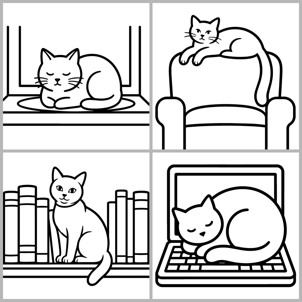 A cat-themed coloring book featuring bold lines and simple designs.