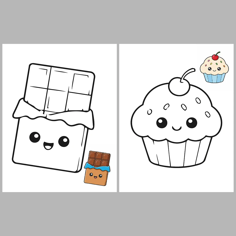 Kawaii-Style Cute Snacks Coloring Pages / With Reference Image