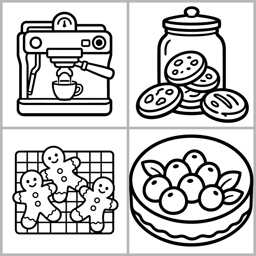 Cozy Desserts and Bakery Coloring Book