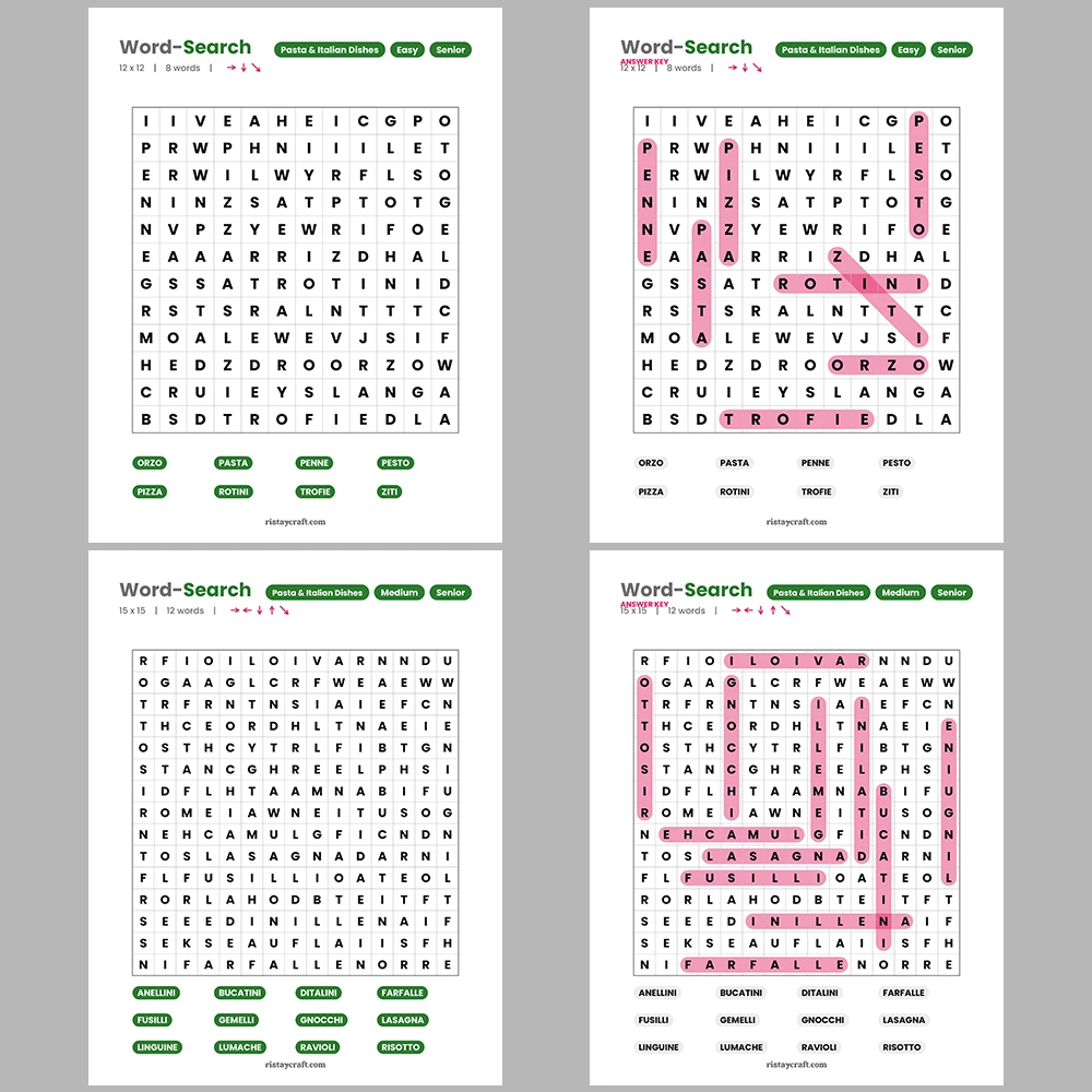 Word Puzzle – Pasta & Italian Dishes – Mathematics Terms – Themes