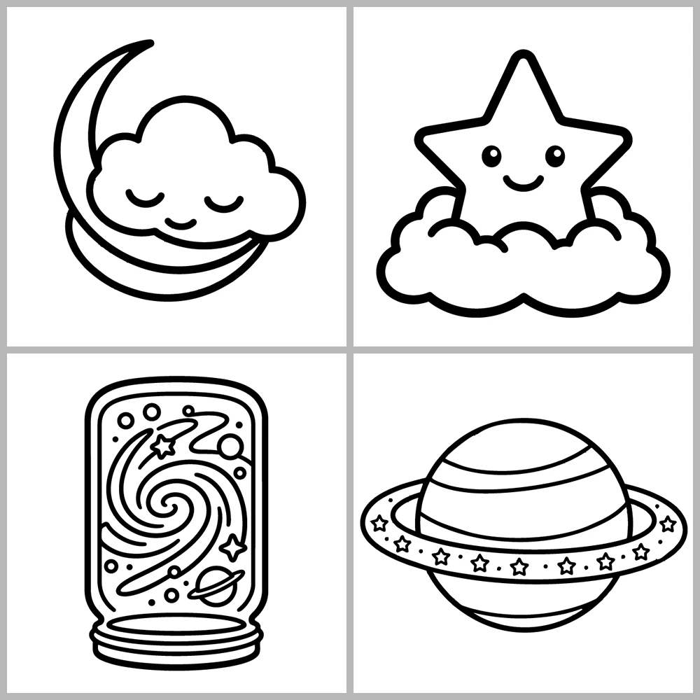 A “warm, celestial, and dreamlike” coloring book featuring bold lines and simple designs.