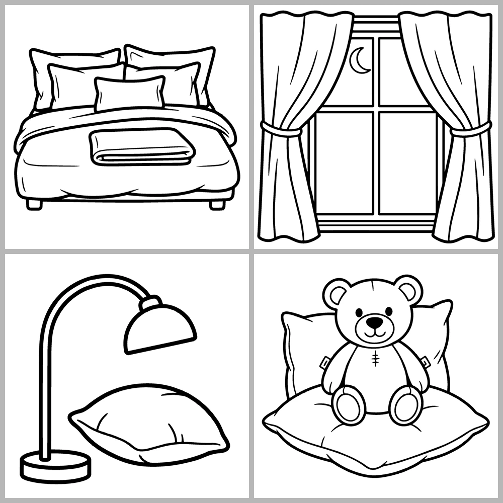 Bedroom and Sleep Themed Coloring Book with Bold Lines and Simple Designs.