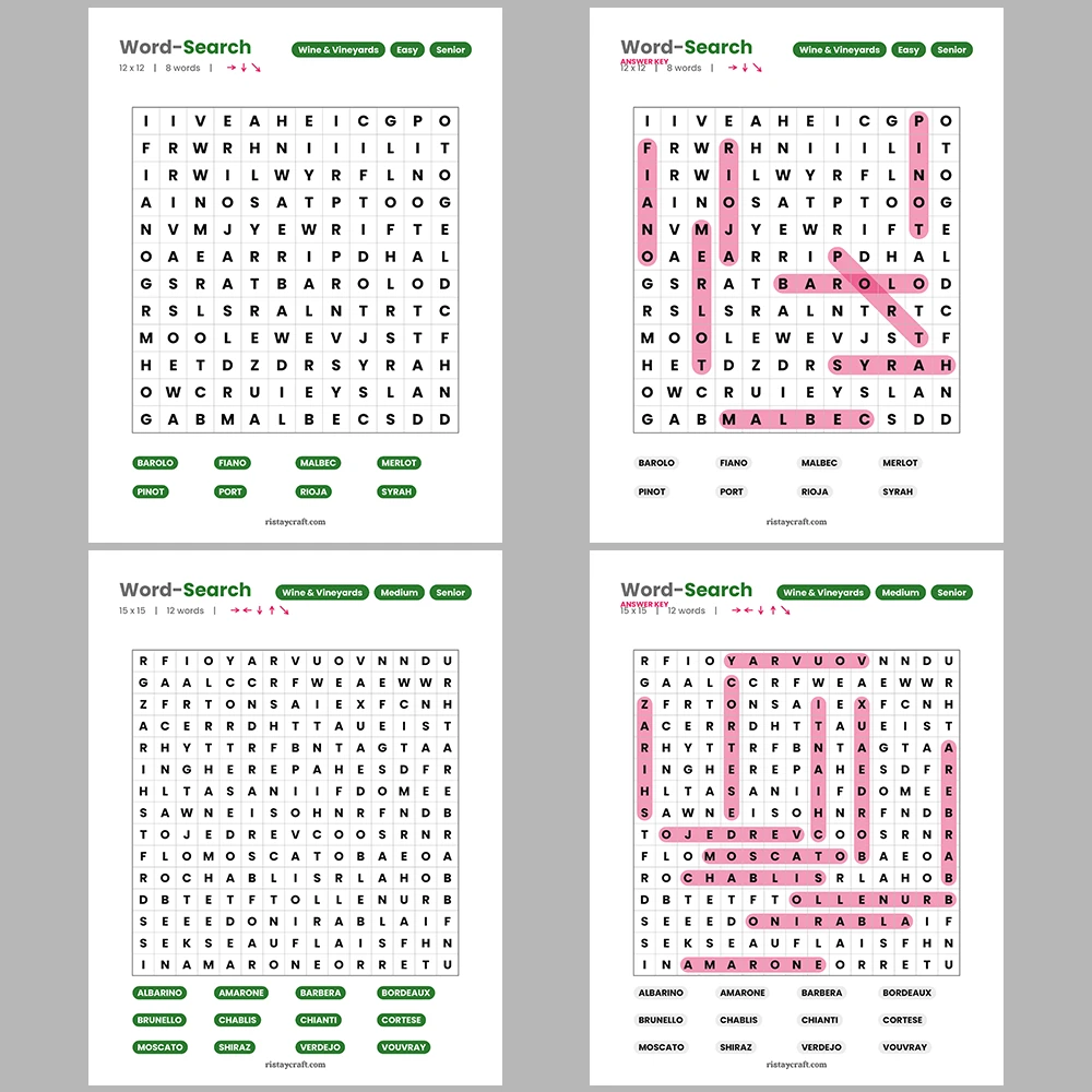 Word Search – Wine & Vineyards – Martial Arts – Themes
