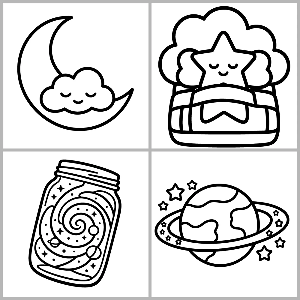 A “celestial and dreamlike” coloring book featuring bold lines and simple designs.
